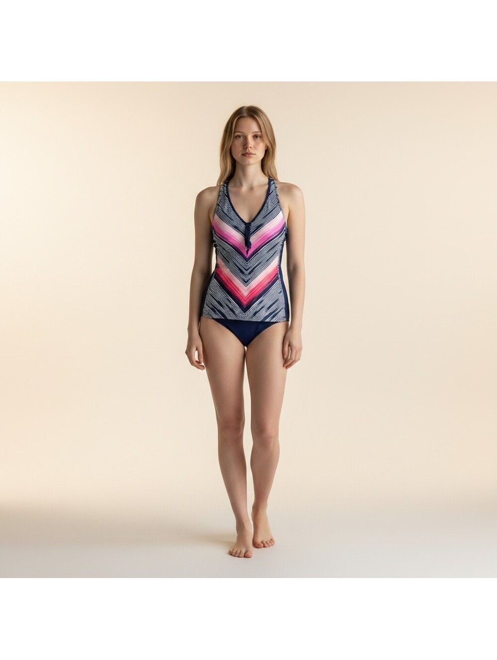 Beach House Tankini Top Women 14 Blue Striped Sleeveless Push Up Zipper Swim